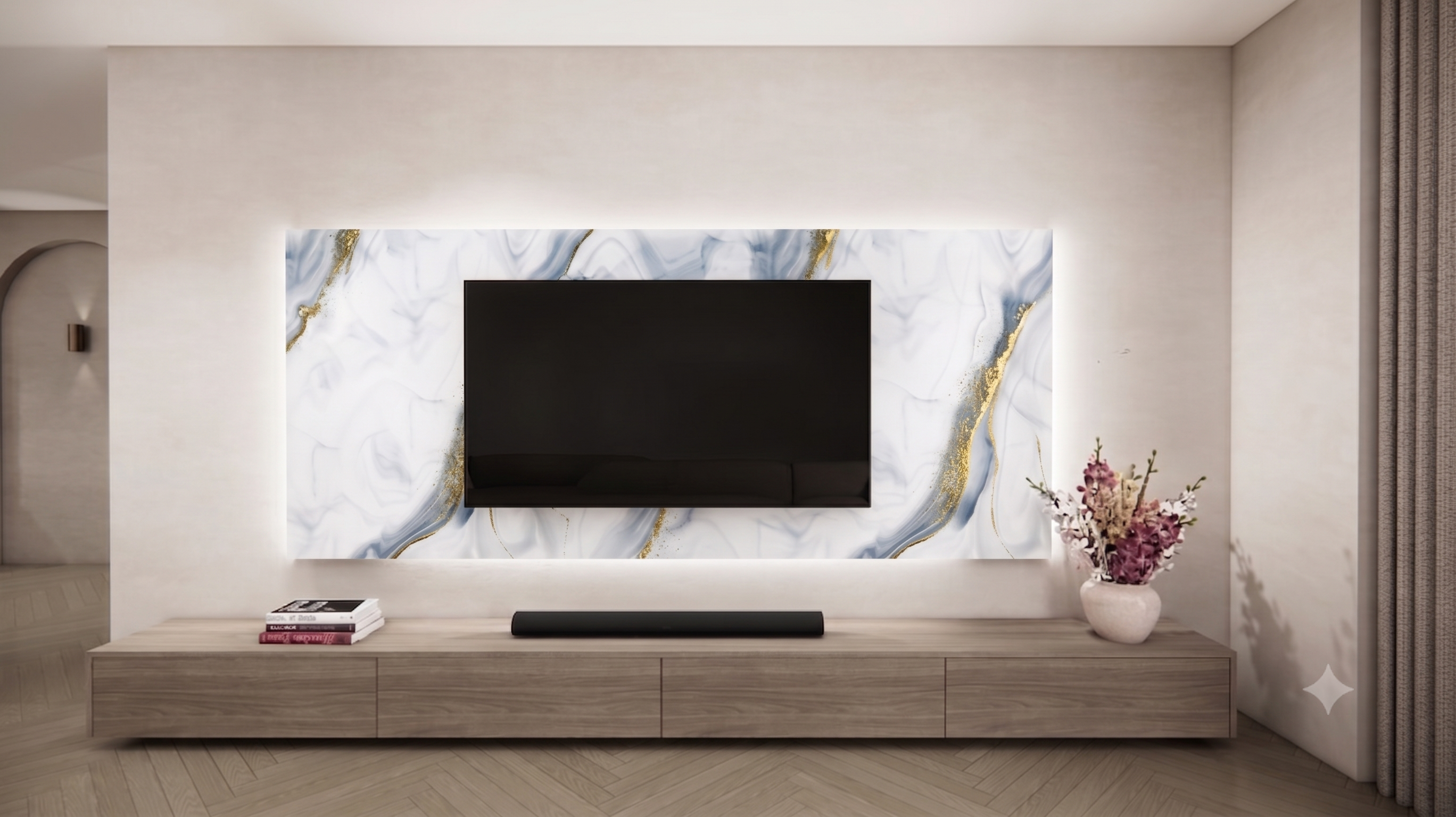 لوح رخامي PVC/SPC عالي اللمعان مقاوم للماء باللون الأبيض الذهبي – 280x122 سم